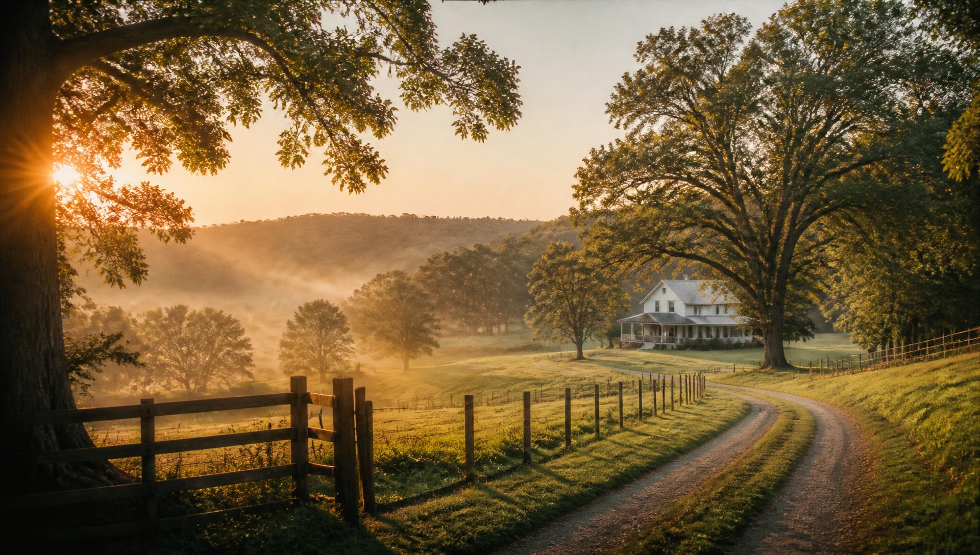 Rolling Tennessee farmland at golden hour, mist in the valley beyond a farmhouse