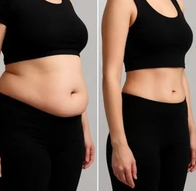 Side-by-side photograph of a woman’s midsection in black workout clothing.