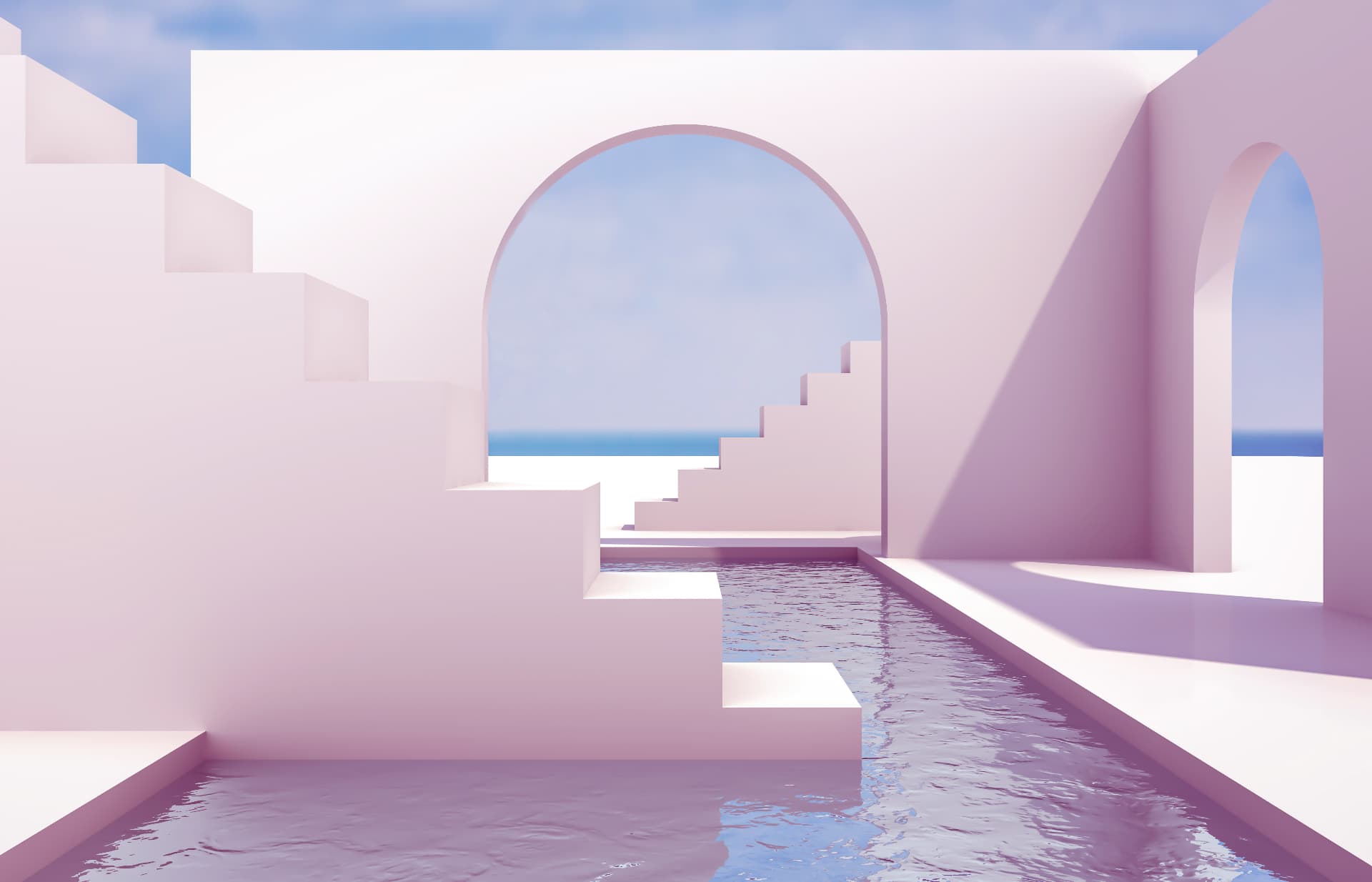 Abstract architectural scene with soft mauve tones, arches, and still water