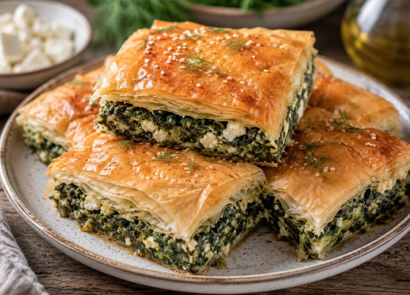 Traditional Greek spanakopita sliced into golden, flaky phyllo squares with spinach and feta filling on a ceramic plate