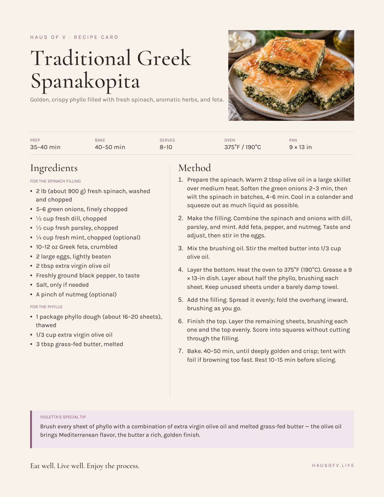 Traditional Greek Spanakopita recipe card from Haus of V with ingredients, method, and Violetta's olive oil and butter tip