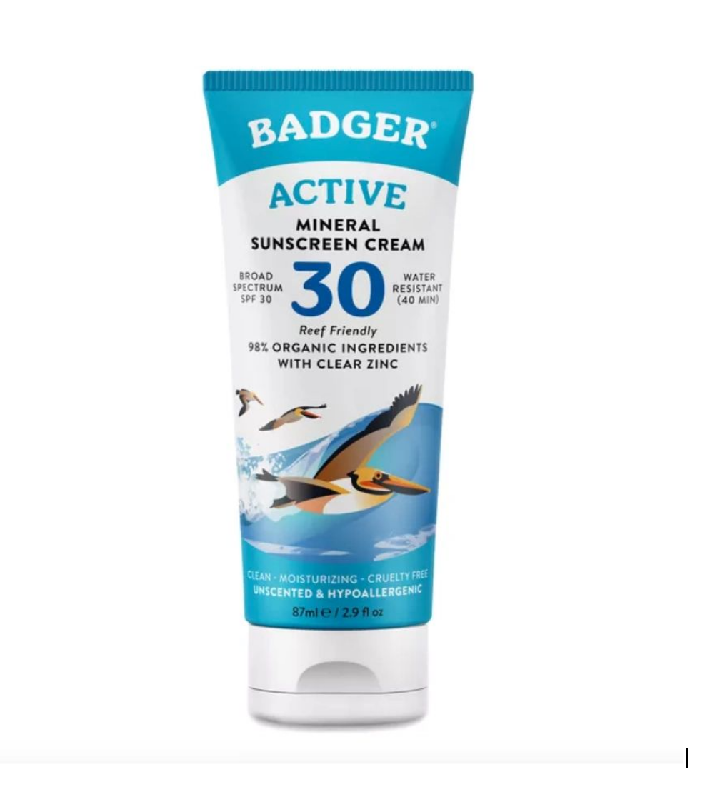 Badger Active mineral sunscreen cream SPF 30 blue and white tube